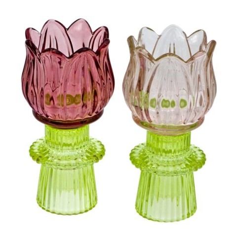 PORTACANDELA VETRO COLORATO FORMA TULIPANO 2COLORI H14